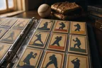 Baseball trading cards in binder pages on a collector's desk