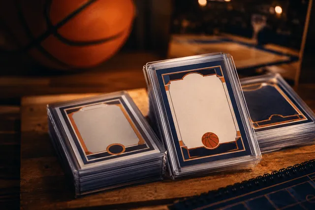 Modern basketball trading cards with reflective finishes on a desk
