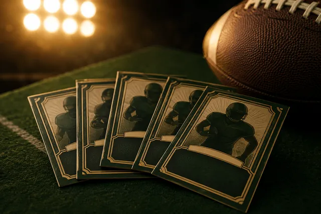 Modern football trading cards with reflective finishes on a desk