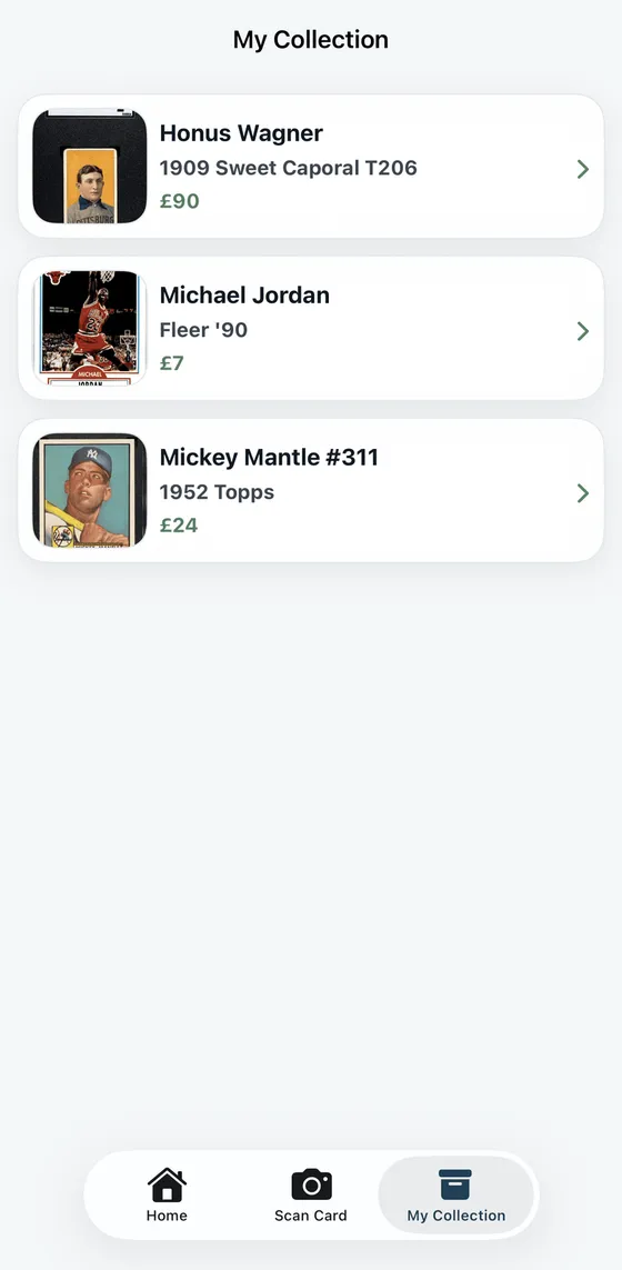 RookieScan collection screen listing saved cards with their values