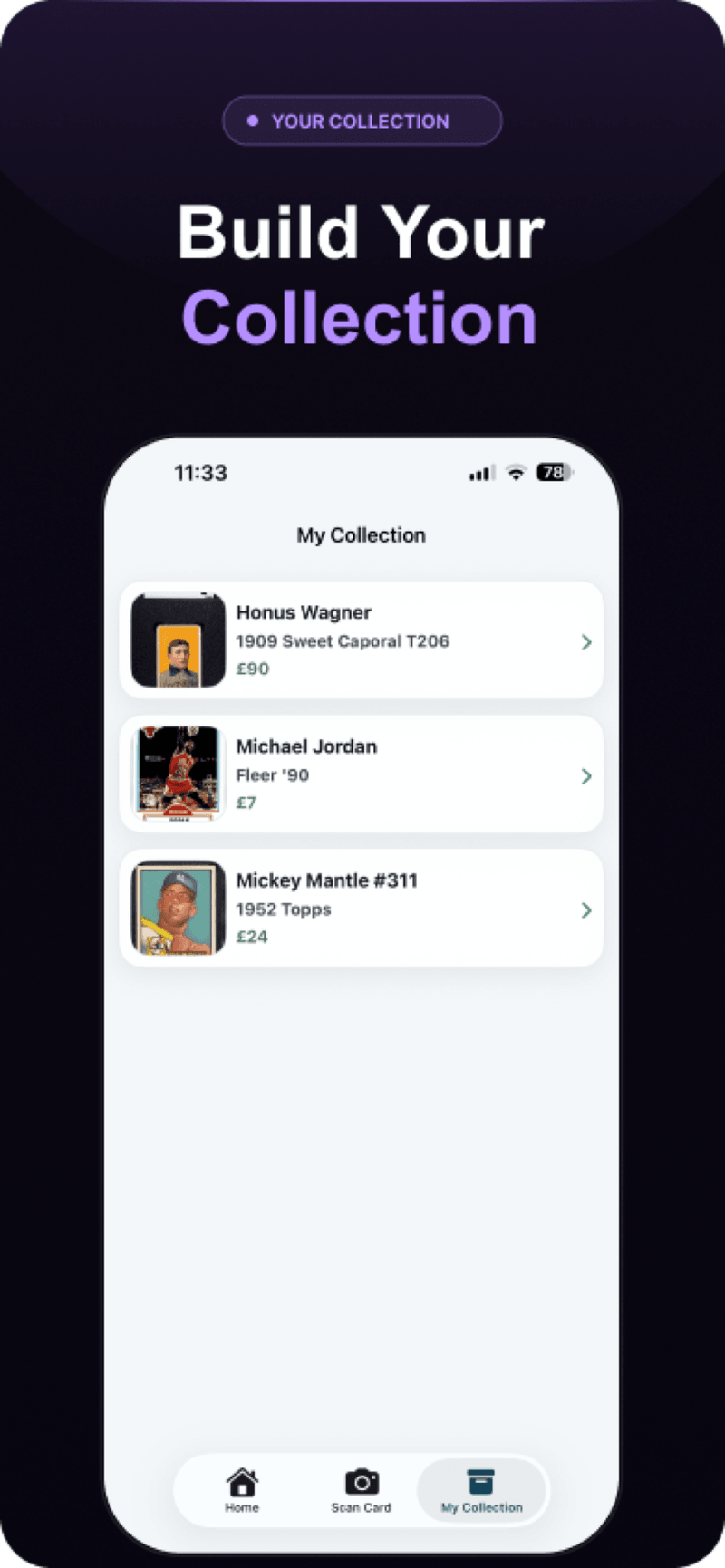 RookieScan collection screen listing saved cards with values
