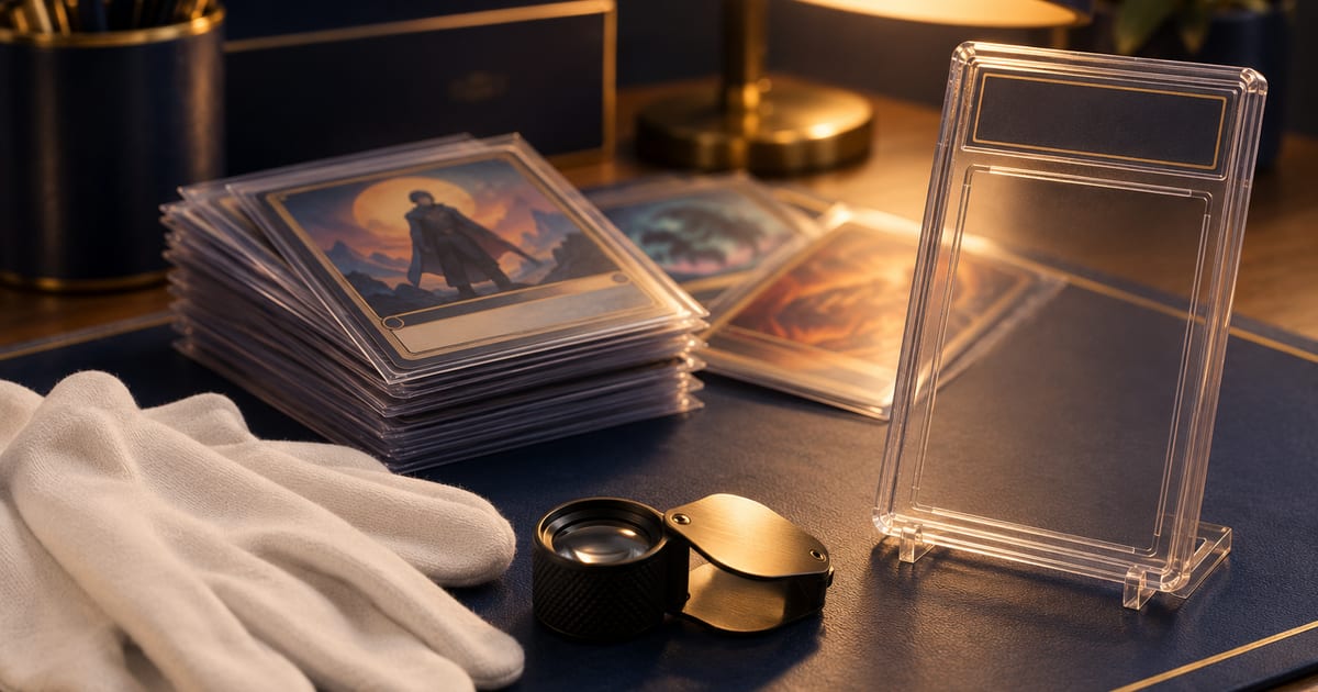 Top loaders and a submission form on a collector's desk under soft window light